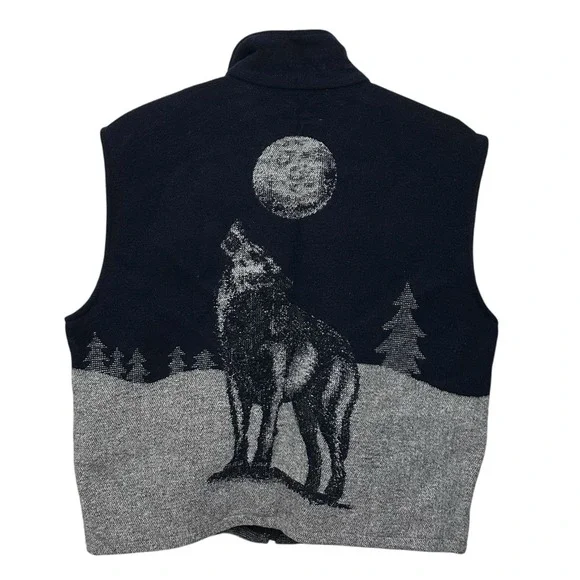 Vintage Wooded River Wool Blend Vest Mens XL Blue Grey Wolves Night Sky Gorpcore